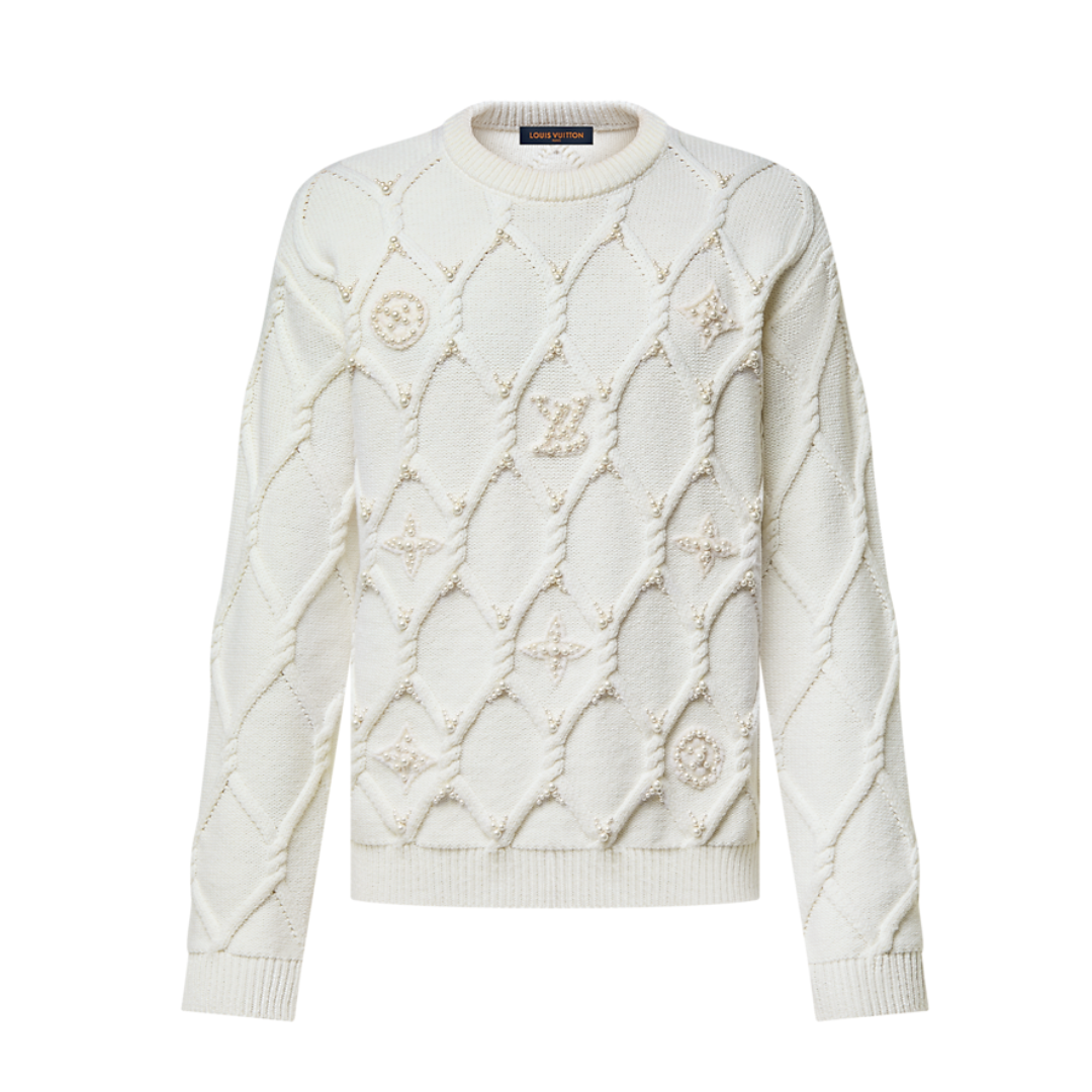 LV Embellished Cable Knit Wool Blend Sweater